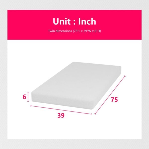 Twin Size Mattress,6 Inch Gel Memory Foam Mattress in a Box,Medium-Firm,Pressure Relief&Temperature Regulation, Certified,Fiberglass Free，White
