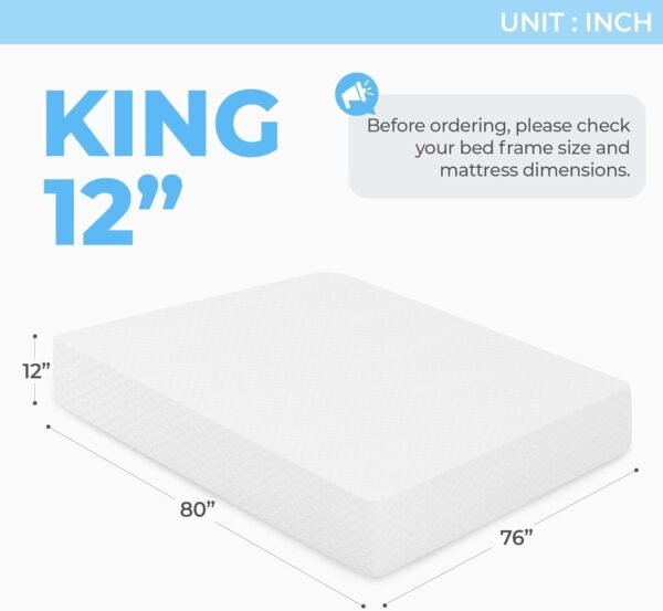 12 Inch King Medium Firm Cooling Gel Memory Foam Mattress for Cool Sleep Pressure Relieving  Certified Foam, Mattress in a Box Fiberglass Free (King, 12 in)