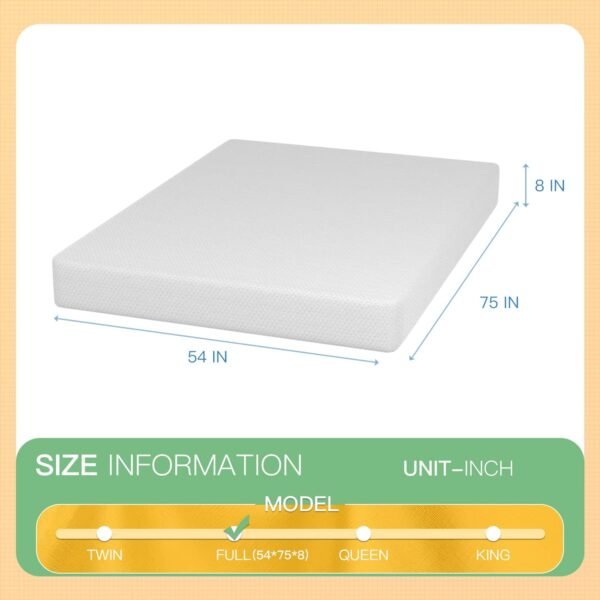 8 inch Memory Foam Mattress Cooling Gel Green Tea Infused Mattress,Fiberglass Free, Certified,Cooler Sleep Supportive & Pressure Relief,Mattress in Box, White Full